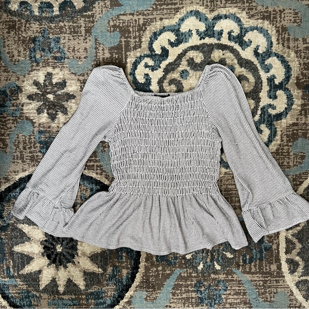 Xtraordinary Black and White Striped Peplum Girls Blouse Size L